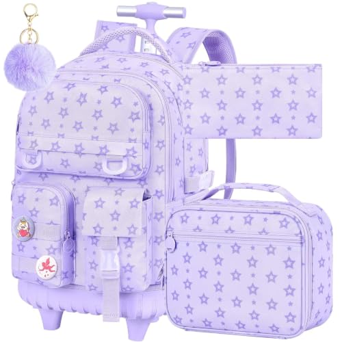 Image of CCJPX 3Pcs Rolling Backpack for Girls, Roller Wheeled School Bookbag, Star Wheels Backpacks with Lunch Box for Kids (Purple)
