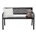 VINGLI 47'' Outdoor Bench, Weather Resistant Garden Patio Bench Powder Coated Iron Frame w/PVC Mesh Backrest Slatted Seat, 2-Person Outdoor Furniture for Front Porch Entryway Park (Black)