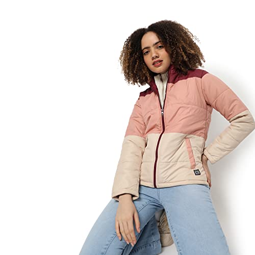 Image of Campus Sutra Women Pink Colour-Blocked Puffer Regular Fit Bomber Jacket For Winter Wear | Standing Collar | Full Sleeve | Zipper | Casual Jacket For Woman & Girl | Western Stylish Jacket For Women