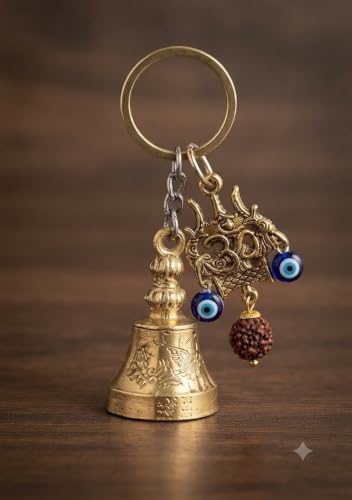 Brass Bell Keychain with Evil Eye, Om Charm and Rudraksha Bead - Image 2