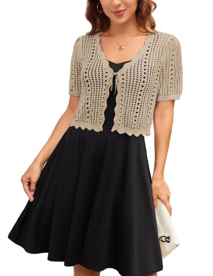 Kate Kasin Women Crochet Shrug Sweater Tie Front Knit Bolero Shrug for Dress Short Sleeve Cropped Cardigan