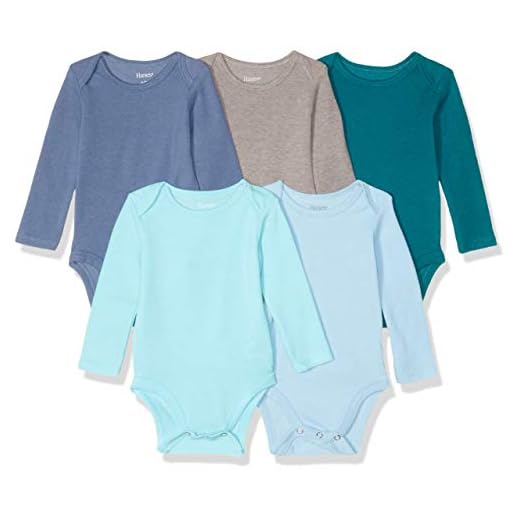 Hanes Ultimate Baby Flexy 5 Pack Long Sleeve Bodysuits, Blues, 0-6 Months