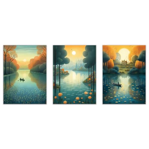 Tableau sans cadre JOSUE triptyque montagne lune nuage peinture jaune bleu decoration interieure