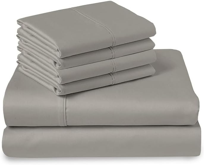 Pizuna Pure 100% Cotton Sheets Queen Size, Luxurious 400 Thread Count Long Staple Cotton Sateen Sheets Queen with 15inch Deep Pocket (Combed Ash Grey Cotton Sheets Queen)