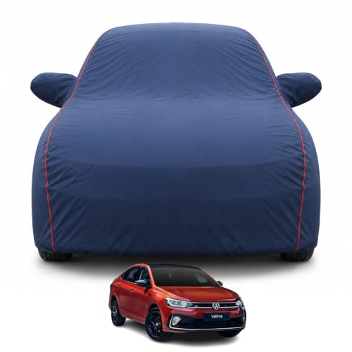 Image of Premium Car Cover for Volkswagen Virtus 2022-2026 Models | 100% Waterproof, UV & Dust Protection | Mirror & Antenna Pocket | Triple Stitched, Soft Inner Lining, Belt & Buckle (Navy Blue)