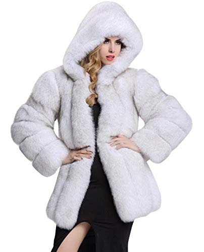 CHARTOU Women's Winter Luxurious Thick Warm Fluffy Faux Fur Hooded Coat Jacket (Large, White)