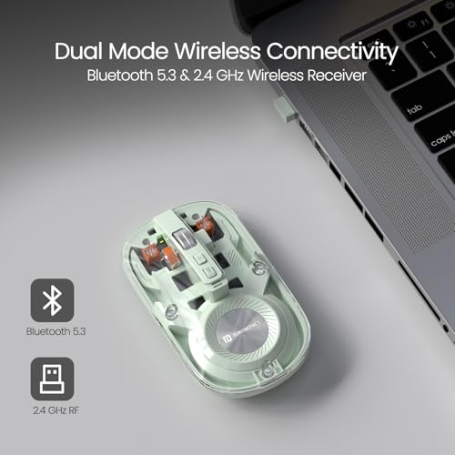 Image of Portronics Toad 8 Transparent Wireless Bluetooth Mouse with Dual Wireless (BT + 2.4 GHz), Rechargeable Battery, Noise-Free Clicking, Show /Hide Desktop, Multi-Device Pair, Adjust Sensitivity (Green)