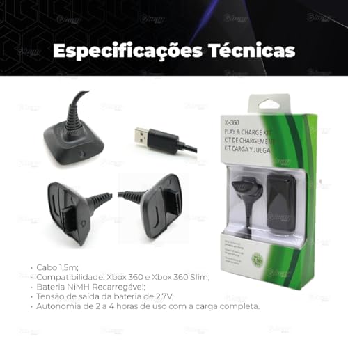 Kit Bateria Recarregável Para Controle Manete Joystick Sem Fio Xbox 360 + Cabo Usb Carregador inclus