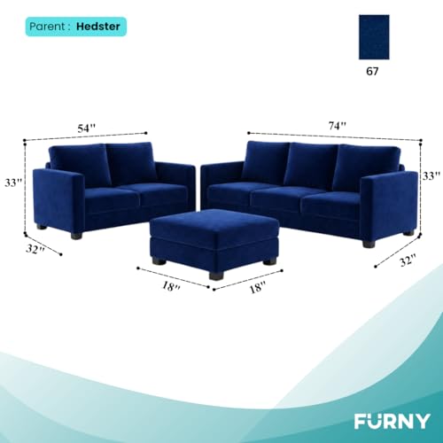Image of FURNY Haster 3 Seater + 2 Seater Fabric Sofa Set with 1 Ottoman (Dark Blue) with Velvet Finish | Durable Comfort | Ideal for Living Room