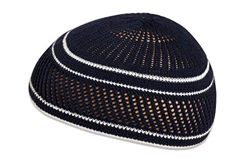 Muslim Bookmark Stretchy Elastic Beanie Kufi Skull Cap Hats Featuring Cool Designs and Stripes (Navy Blue with Lattice Design and White Stripes)