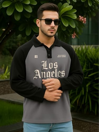 Image of Veirdo Men's Oversized Loopknit Cotton Zipper Polo Neck T-Shirt | Oversized Baggy Fit Full Sleeve Casual Streetwear Top Sizes: S-XXL