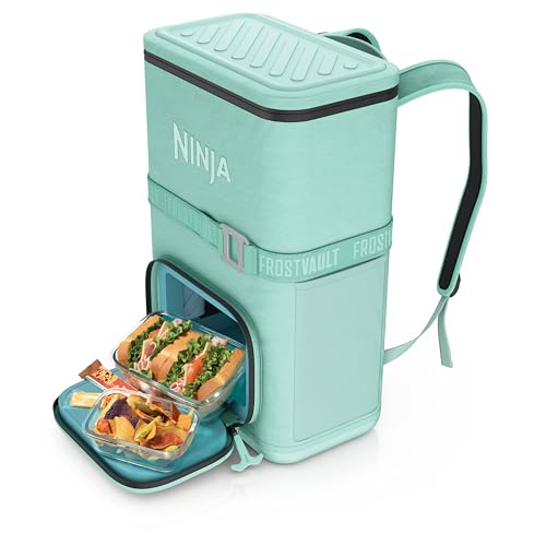 ninja  backpack cooler  frostvault go can soft cooler  leakproof zipper with built in can opener 2 ice packs amp dry storage drawer  for hiking camping amp more  2436 can