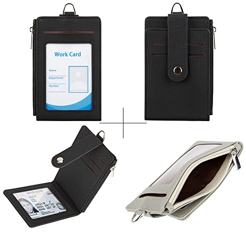 Women & Men Keychain Card Holder Case Zipper Slim Minimalist Front Pocket Wallet with 2 ID Window, Black4