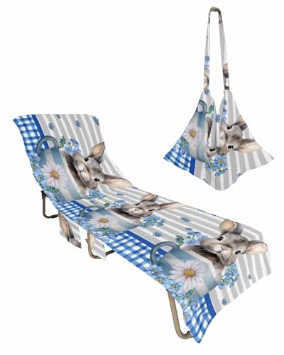 Blue Bunny Easter Beach Lounge Chair Towel Cover, Soft Chaise Lounge Towel with Side Pockets Patio Pool Chairs Cover for Beach/Pool Sunbathing 29x85 Spring Floral Botanical Grey Striped