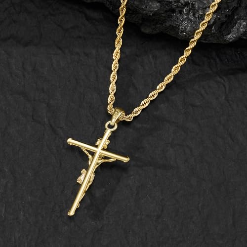 NORBU 18K Gold over S925 Crucifix Necklace for Men with Rope/Cuban Chain, Catholic Jesus Cross Pendant, Men's Religious Gift for Easter Christmas4