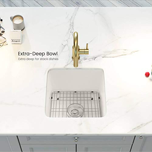 Kibi K2-S18Sq Single Bowl Heat Safe Glazing Fireclay Undermount Kitchen Sink 18 Inch With Bottom Grid And Strainer (Cubic Series) (White) #TOP3