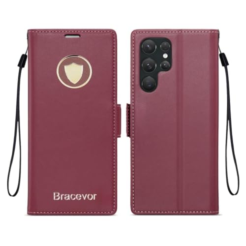 Image of Bracevor Deluxe Leather Flip Cover case for Samsung Galaxy S25 Ultra : Burgundy Red | Full Camera Cover | RFID Blocking Wallet Pockets | 360 Degree Protection