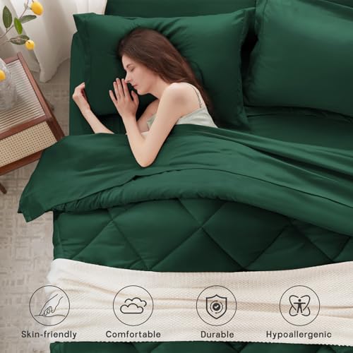 Anluoer King Comforter Set,Emerald Green Bed in a Bag 7 Piece,Lightweight Bedding Set with Soft Down Alternative Fill,Bed Set Includes Comforter, Fitted Sheet, Flat Sheet,Pillowcases and Shams