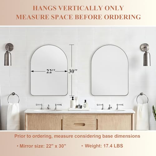 Image of ANDY STAR Arched Mirror, 22 x 30 Inch Polished Chrome Wall Mirror in Stainless Steel Metal Frame, Arch Top Rounded Corner 1 Inch Deep Set Design Wall Mount Hangs Vertical