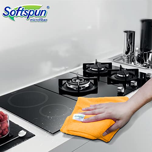 Image of SOFTSPUN Microfiber Cleaning Cloths, 40X60 cms 5 pcs Towel Set 340 GSM Orange! Highly Absorbent Lint and Streak Free Multipurpose Wash Cloth for Kitchen Car Window Stainless Steel Silverware.