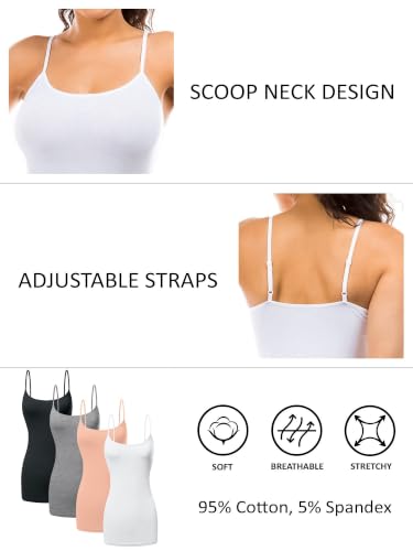 Image of Women's Long Cotton Camisole Spaghetti Strap Tank Top | 95% Cotton 5% Spandex Longline Basic Cami Undershirt with Adjustable Straps