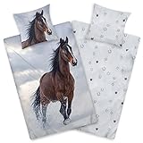 Aminata Kids Pferde-Bettwäsche Biber 135x200 Kinder Baumwolle Pferde-Motiv, Reißverschluss warm & kuschelig, Flanell-Winter-Bettwäsche-Set - Wendebettwäsche mit Sternenblau grau