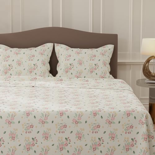 Image of Layers 100% Cotton Bedsheet for Double Size Bed | Lumina Floret Collection | 144 TC Soft & Breathable | Floral Print with 2 Pillow Covers | Wrinkle Free | 3 Piece Bedding Set - Pink & White