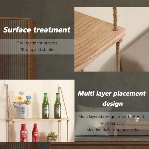 BODYGAD Estante Flotante de 4 Niveles, Estantes de Madera de Macramé Bohemio Para Colgar en La Pared con Ganchos, Sin Taladrar, Decoración de Pared Para Dormitorios, Cocina, Baño, Sala de Estar - imagen 6