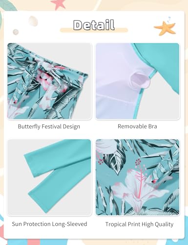 Image of Fuermos Girls Rash Guard Swimsuits 2 Piece Solid Color Long Sleeve Swimsuit and Print Bathing Suit Girls' Swimwear 6-16Y