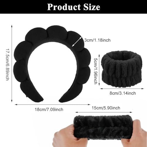 Image of MAYCREATE Spa Headband and Wristband for Women Girls Face Washing, Sunflower Sponge Makeup Hairband Skincare Flannel Wrist Washband Set, Soft Elastic Facial Accessories Combo - Black