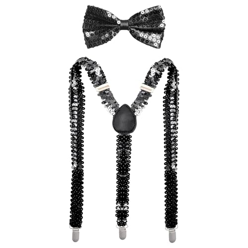 GWAWG Juego de 2 correas de lentejuelas con clip en Y con lazo de purpurina, correas ajustables para hombres y mujeres, accesorios para discoteca, carnaval y fiesta temática de Halloween, Negro ,
