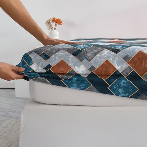 Image of BSB HOME Luxury Warm Winter Elastic Fitted Bedsheet with 2 Pillow Covers - Ultra Soft Flannel Velvet Touch, Cozy & Wrinklefree lintfree Size - 78x72+10 Inches, Checks Teal Blue & Grey