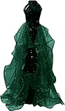 Zeeyecie Sequin Emerald Green Prom Dresses for Women A Line Tulle Ball Gown with Cape Sparkly Evening Formal Party Gowns US10