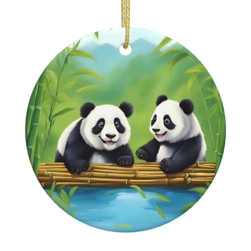 Decoración colgante de cerámica, exquisito patrón de dos bonitos pandas para hogares, tiendas, centros comerciales