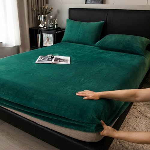 Boqingzhu Flauschige Plüsch Spannbettlaken 140x200cm Grün Dunkelgrün Winter Warm Flanell Fleece Biber Samt Cashmere Touch Spannbetttuch Kuschelig Bettlaken für 25 bis 30cm Matraze