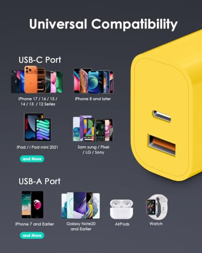 Image of [4 Pack] USB C Charger Block Fast Charging Multiport Adpater [PD 20W USB-C & QC 3.0 USB-A Port] for iPhone 17 /16 /15 /14 /13 /12 /11 /X /8, iPad, Galaxy, Google & More [Yellow]