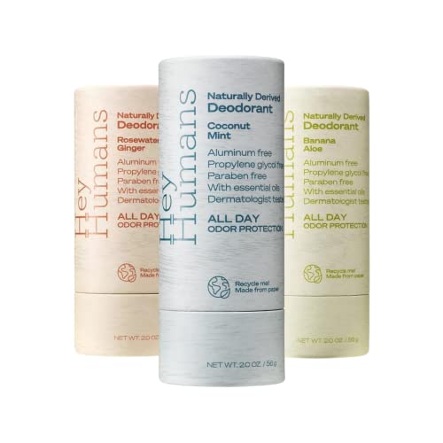 Image of Hey Humans Deodorant, Aluminum Free Deodorant for Women and Men, Contains Naturally Derived Ingredients, All Day Odor Control, Refreshing Essential Oils, Coconut MInt, Rosewater Ginger, Banana Aloe