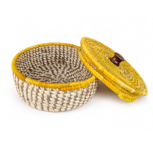 Image of Handmade Sabai Grass Box for Roti /paratha /Dry Fruits |Organiser, Storage Box | Container for Serving on Dining Table| Kitchen Decor Cum Utility| Size : 21L x 21W x 8H CM (Yellow)