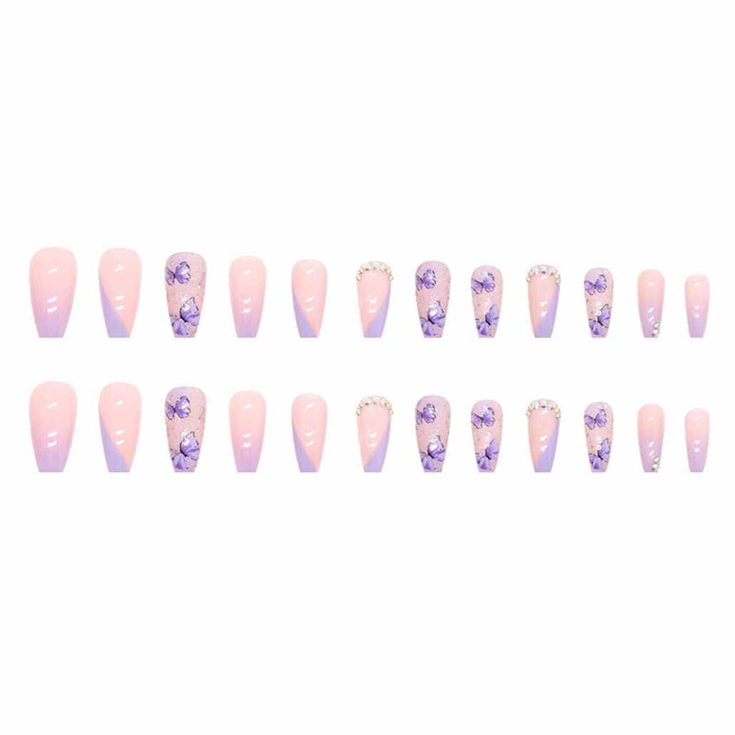 Foccna Purple Fake Nails Sequins Glitter Acrylic Butterfly Artificail Long Press on Rhinestone Nails, Purple Full Cover Fake Nails with Design Nail Tips for Women&Girls-24PCS