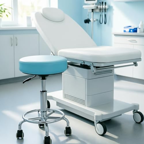 Image of Rolling Stool with Wheels - 500lbs,Thick 9.5cm Cushion, Height Adjustable | PU leather|Swivel silent rubber casters|Foot pedal ring|space-saving|For Drafting salon tattoo clinic garage home office