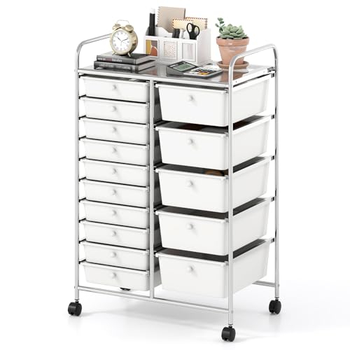 GOFLAME 15-Drawer Rolling Storage Cart, Multifunctional Art Craft Organizer Cart with Removable Drawers, Lockable Wheels and Metal Frame, Classroom Storage Cart for Home Office School, White