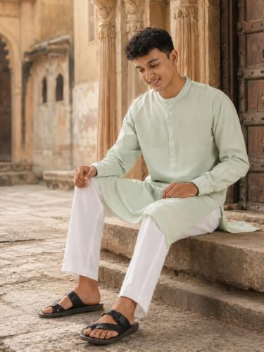Image of SAADAA Men's Long Kurta - Linen Cotton Blend, Airy Fabric, Regular Fit, Mandarin Collar, Solid Color - Casual, Festive & Ethnic Wear