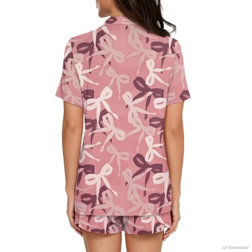 Image of Renewold Button Down Womens Pajama Set Short Sleeve Loungewear Bow Nightwear Sleepwear Night Suit Tops Shorts 2 Pieces