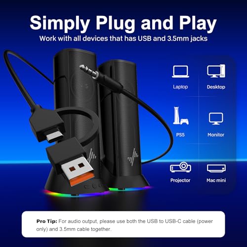 Nylavee Computer Speakers, Hi-Fi Stereo Sound PC Speakers with 9 LED Lighting Modes, Bass Boost, USB/USB-C Powered and 3.5mm Wired Connection for Desktop, PC, MacBook, Laptop, Monitor, Gaming - Image 6