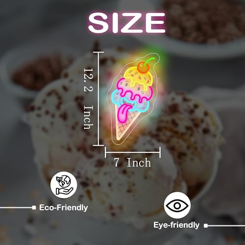 Image of Cute Ice Cream Neon Sign - LED Neon Light Wall Decor with Cherry, Colorful Cone Design, 7.1x12.4 Inches, USB Powered Neon Sign for Bedroom, Kids Room, Game Room, Party Decorations