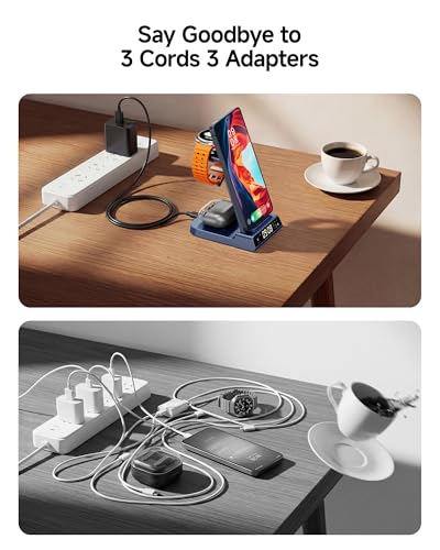 Image of 3 in 1 Wireless Charger for Samsung Galaxy S26 Ultra, Galaxy Watch 8, Buds | Dimmable LED clock, Dual-angle charging stand, Case-friendly, Compact & space-saving, Multi-protection, Charging indicator