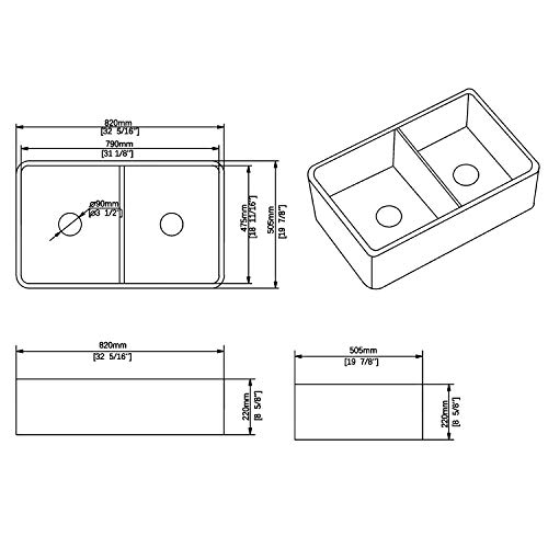 32 Inch White Ceramic Kitchen Sink, Rectangular Double Bowl, Flush Mount kitchen Sink with Overflow, 32-1/4 x 24 x 8 inch