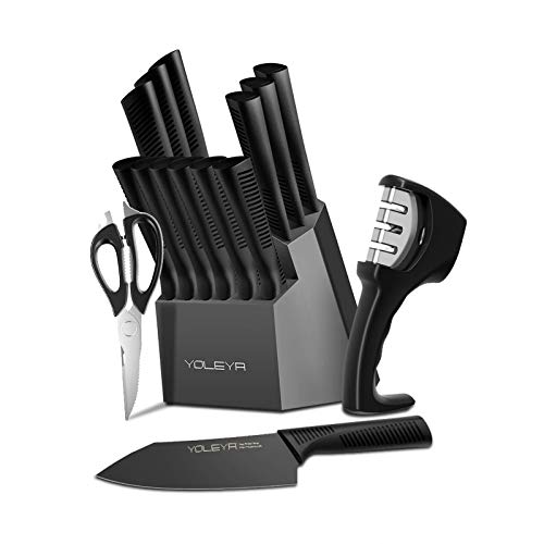 Knife Set,YOLEYA 15 Pieces Black Kitchen Knife Set Stainless Steel Non Stick Coating Knives with Block Holder,Professional Knives Set for Kitchen