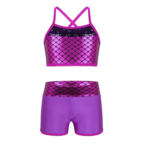 YEAHDOR Big Girls' 2 Pieces Gymnastics Dancing Outfits Crop Bra Top with Shorts Set Athletic Sports Actviewear Rose Red Mermaid Scales 10-12 Years