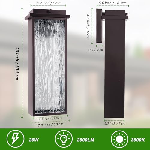 Image of VenzBlomia 20 inch Extra Large Dusk to Dawn Oil Rubbed Bronze Outdoor Sconces | 2 Pack Dusk to Dawn LED Outdoor Lighting, Brown Exterior Light Fixtures with Rippled Glass, Soft Warm Glow, Modern Elegance